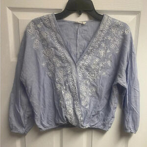 Chloe & Katie 100% Cotton Cropped V-Neck 3/4 Sleeve W/ Embroidery Size Large
